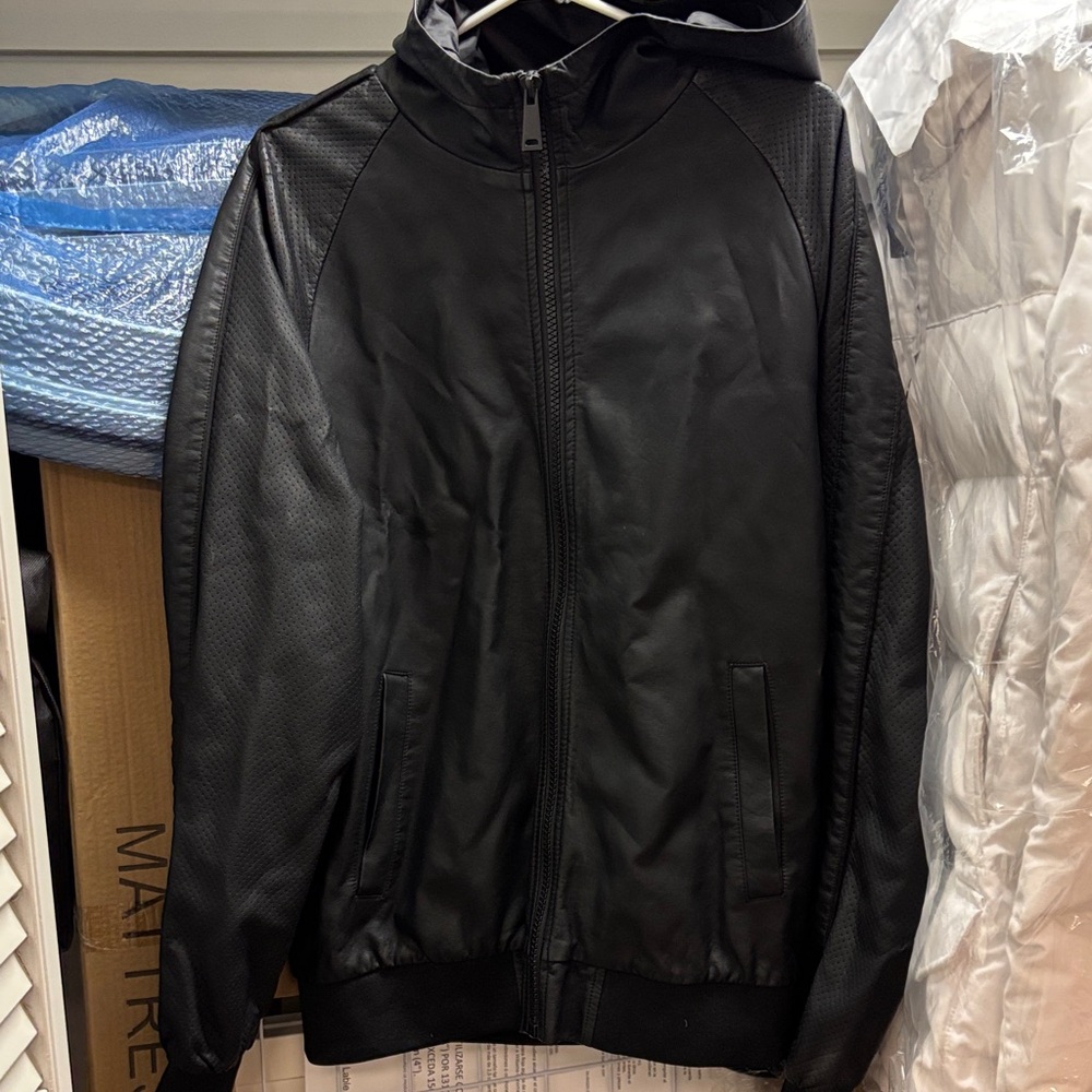 Men's Black Hooded Faux Leather Jacket